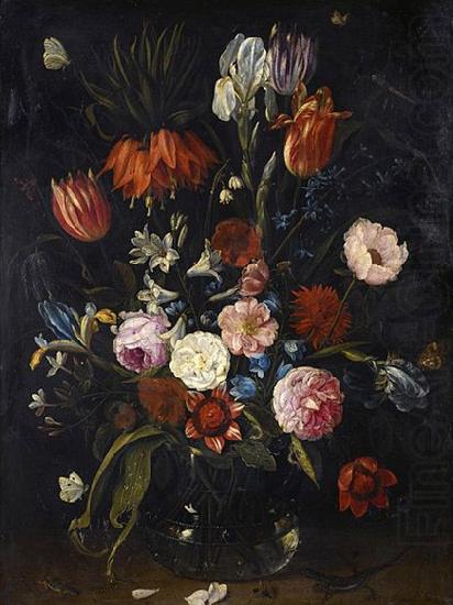 Jan Van Kessel the Younger A still life of tulips, a crown imperial, snowdrops, lilies, irises, roses and other flowers in a glass vase with a lizard, butterflies, a dragonfly a oil painting picture